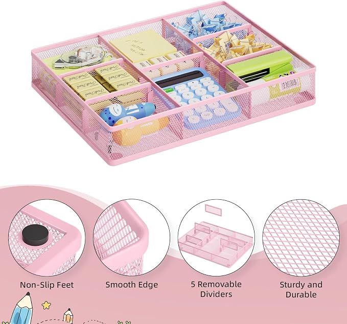 Marbrasse 2P Pink Desk Drawer Organizer, Metal Mesh Drawer Organizer Tray with 5 Adjustable Compartments,Desk Organizers and Accessories for Home,Office,Kitchen,Makeup,Vanity (Pink) - Image 5