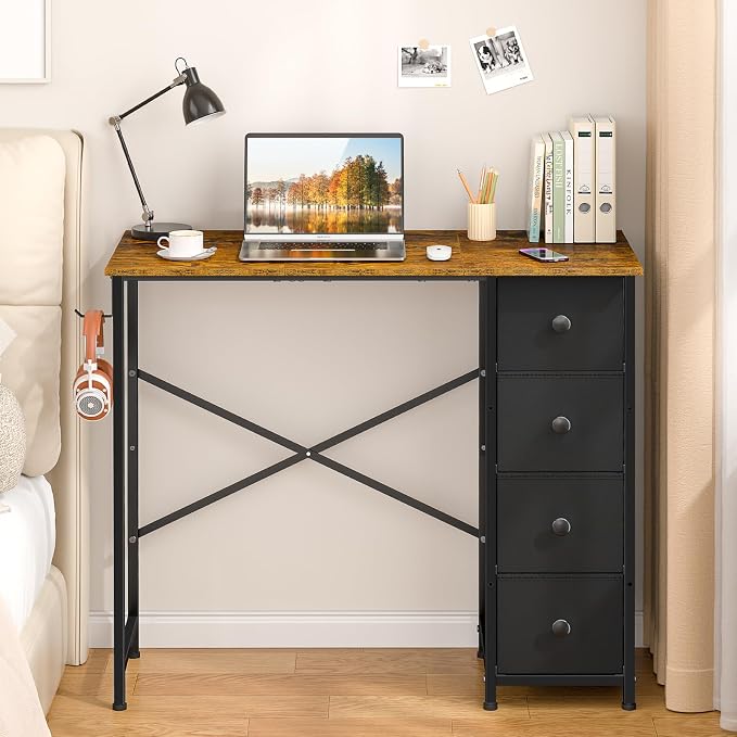 Small Computer Desk with 4 Fabric Drawers, 36 Inch Reversible Writing Desk for Home Office Bedroom, Modern Simple Kids Student Study Desk with Storage, Compact Desk for Small Spaces, Rustic Brown by DAOUTIME