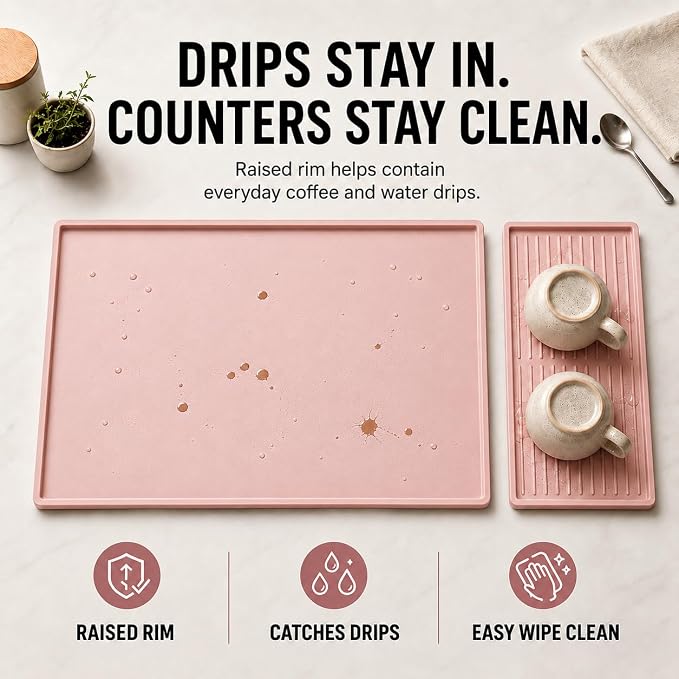 Silicone Coffee Mat 24 x 16 in with Tray, Soft Light Pink | Coffee bar mat for countertop use, coffee station mat or coffee machine mat with removable tray and 0.47 in raised rim. - Image 6