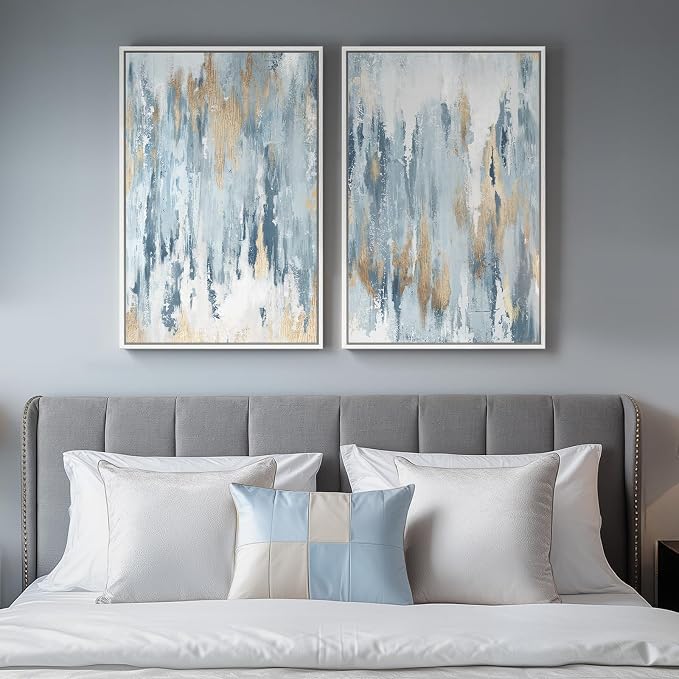 White Framed Blue and Gold Abstract Canvas Wall Art for Bedroom, Set of 2 Modern Minimalist Art Prints Paintings Artwork for Walls, Glitter Pictures for Living Room, Dining Room Wall Decor 16x24 In by Cuspin