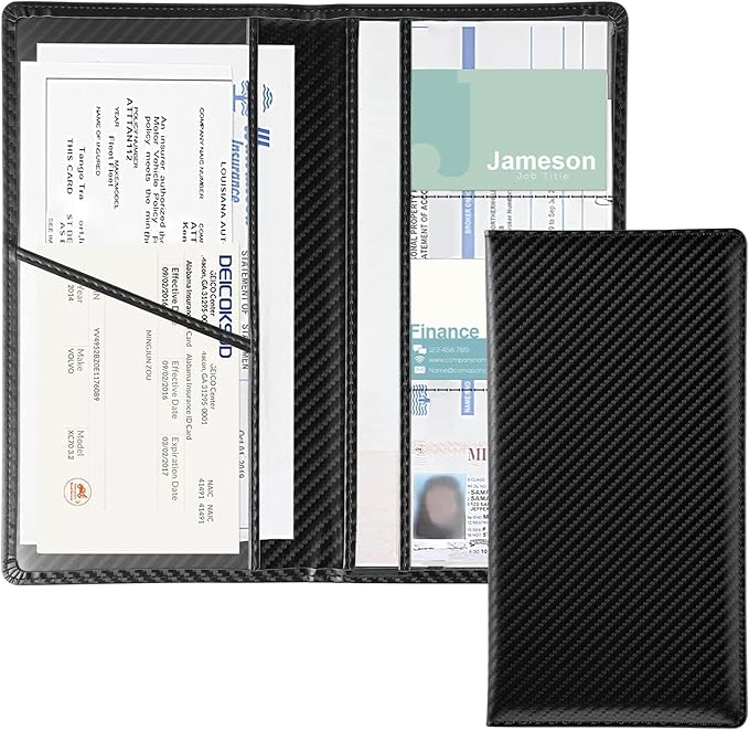 JUSTTOP 1Pack Car Registration and Insurance Holder,Car Document Holder for Cards License with Magnetic Shut,Vehicle Glove Box Car Organizer for Documents, Cards, License(Carbon Fiber Black) by JUSTTOP