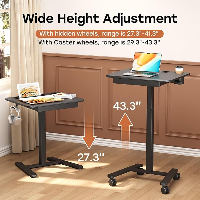 Small Mobile Standing Desk with Drawer, 23.6" x 19.7" Top | Height Adjustable Rolling Teacher Desk with Cup Holder and Hooks, Portable Workstation on Wheels for Classroom & Study, Black - Image 4