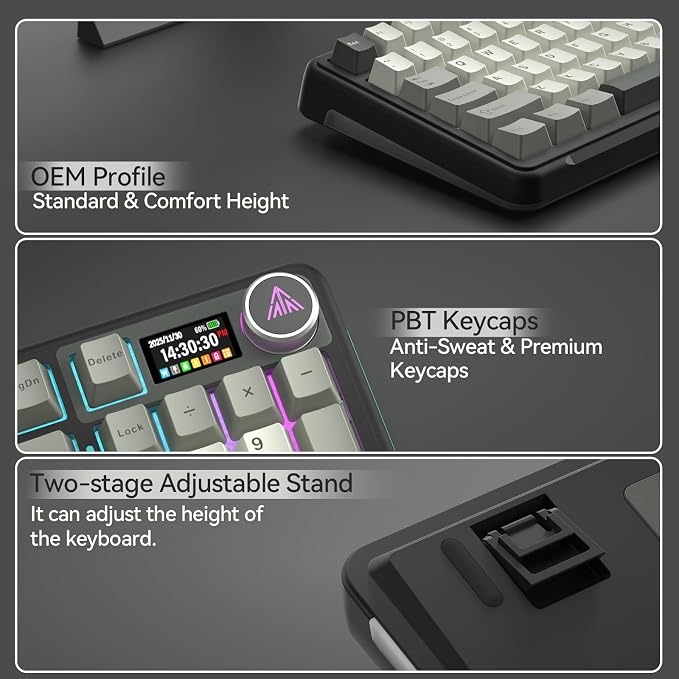 SOLAKAKA A99 Pro Wireless Mechanical Keyboard with LCD Screen & Metal Knob, 2.4GHz/BT5.0/USB-C, RGB Backlit Gaming Keyboard, Hot Swappable, Creamy Keyboard with Gasket Structure, for Win/Mac - Image 9