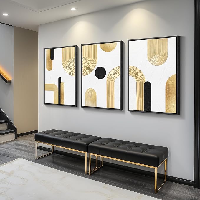 Large Framed Gold Abstract Geometric Wall Art for LIving Room, 3 Piece Modern Canvas Prints Paintings Artwork for Walls, Minimalist Black White Gold Pictures for Hallway Office Wall Decor 24x36 Inch - Image 2