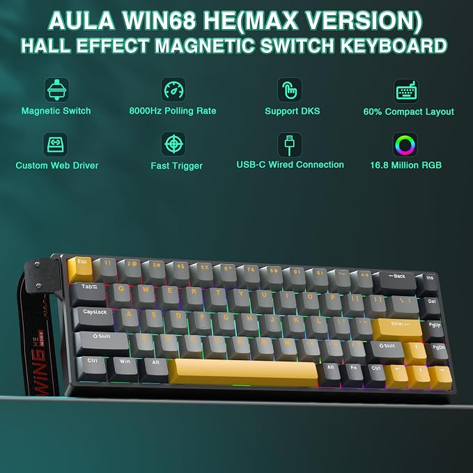 AULA WIN68 HE MAX - Hall Effect Gaming Keyboard with Magnetic Switch, Adjustable Actuation Fast Trigger Mode, 8KHz Polling Rate, RGB Backlit Wired Mechanical Gaming Keyboard 60 Percent - Image 2