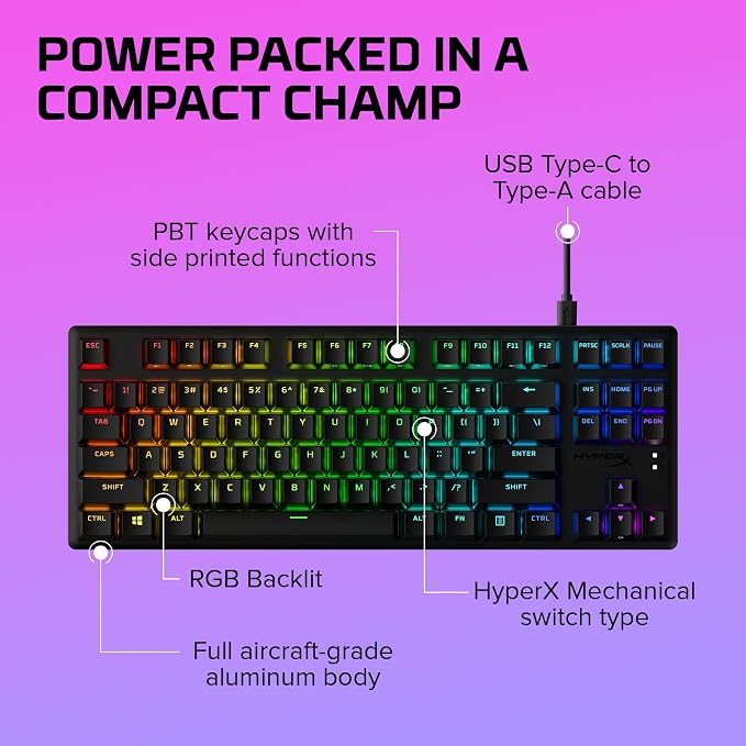 HyperX Alloy Origins Core Mechanical Gaming Keyboard PBT Keycaps Tenkeyless TKL Blue Switch Clicky LED RGB Backlight Playstation Xbox Licensed for PC, PS5, PS4, Xbox Series X|S, Xbox One, Desk Setup - Image 7