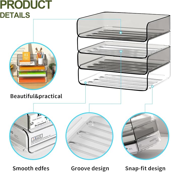 FANXIYQ 4-Tier Acrylic Paper Tray Organizer, Clear & Brown Paper Organizer | Stackable, Tool-Free Design with 2-4 Tiers for A4 Paper, Files, Books and Mail; Ideal for School, Home Office and Study Room - Image 8