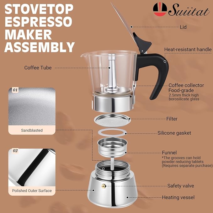 9 Cup 450ml Glass Moka Pot, Stovetop Espresso Maker, Silver | Crystal Glass-top & Stainless Steel Coffee Maker, Induction Compatible, for Greca de Cafe, Cuban and Italian Coffee Brewing - Image 2