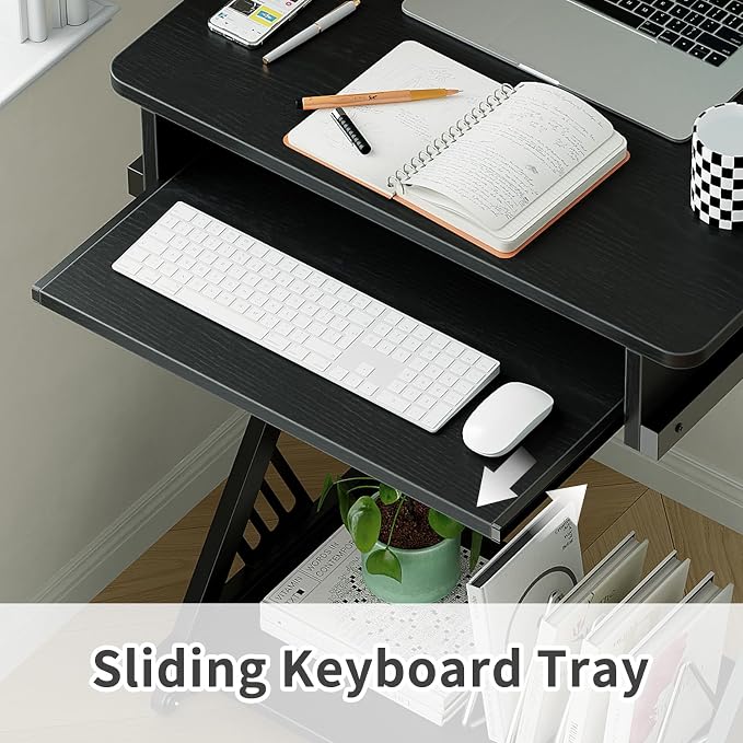 ALISENED Computer Desk for Small Spaces Compact Desk with Keyboard Tray | 23.6" Z-Shaped, with Wheels and Bottom Shelves, for Home Office, Computer Cart Mobile Laptop Cart, Black - Image 4