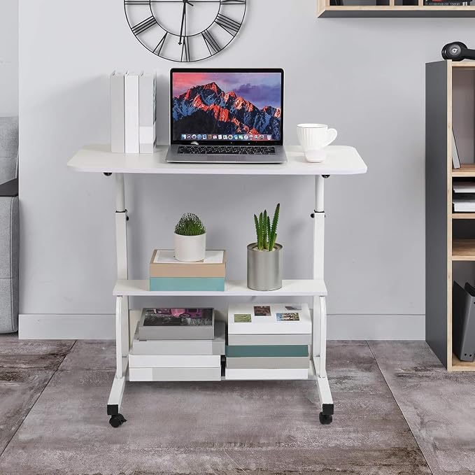 Adjustable Height Mobile Computer Desk for Small Space Rolling Writing with Wheels Corner Home Office Study Portable Bedrooms Work Desk Standing Table Sizes 31.5X15.7 Inches White - Image 2