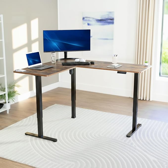 VIVO Vintage Brown 63 x 55 in Corner Standing Desk, DESK-E3CTN | Electric, Reversible L-Shaped Table, Sit Stand, Height Adjustable, Memory Controller, Office Furniture Sets, Black Frame - Image 2