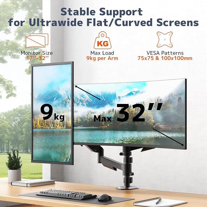 PUTORSEN Dual Monitor Stand for 17-32 Inch Screens, VESA 75/100 | Full motion dual monitor desk mount supports 19.8 lb per arm with tilt, swivel, rotation and C-clamp or grommet base. - Image 2