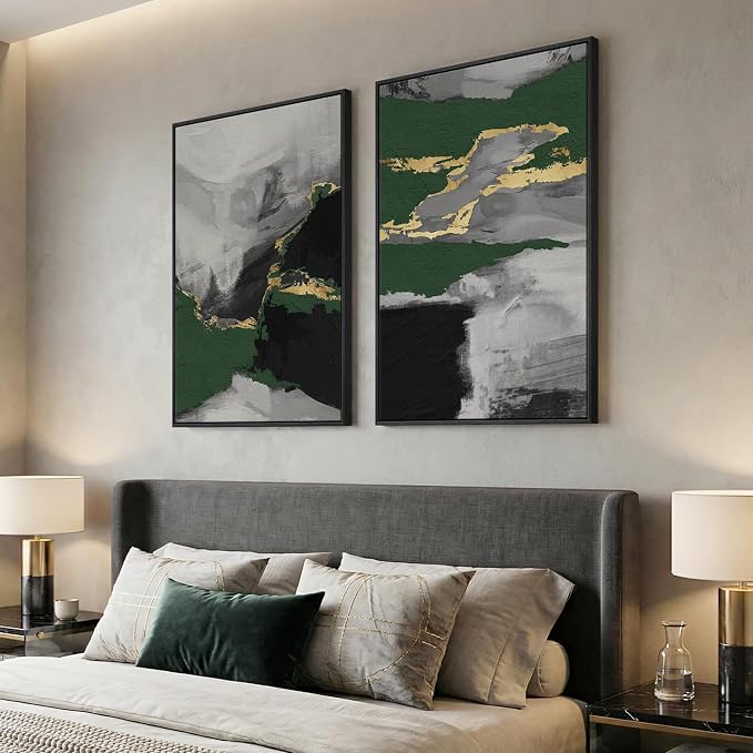 Large Framed Green Abstract Wall Art, 2 Piece Modern Canvas Prints Paintings, Black and Gray Pictures with Gold Accents for Living Room Hallway Dining Room Bedroom Office Wall Decor 24x36 In - Image 4