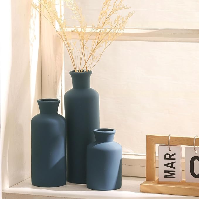 Ceramic Vase Set of 3, Neutral Modern Vases Home Decor Boho Vase Farmhouse Decor Flowers Pampas Vases for Table Mantel Entryway Shelf Living Room Kitchen Bathroom - Navy Blue - Image 6