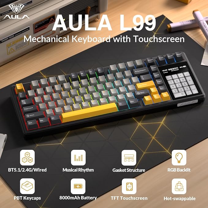 Aula L99 Wireless Mechanical Gaming Creamy Keyboard with Smart Touch Screen | Tri-Mode Hot Swappable Custom Keyboard,RGB Backlit,PBT Keycap,Gasket Mount Creamy Sounding Keyboards for Office PC,84 Keys - Image 2