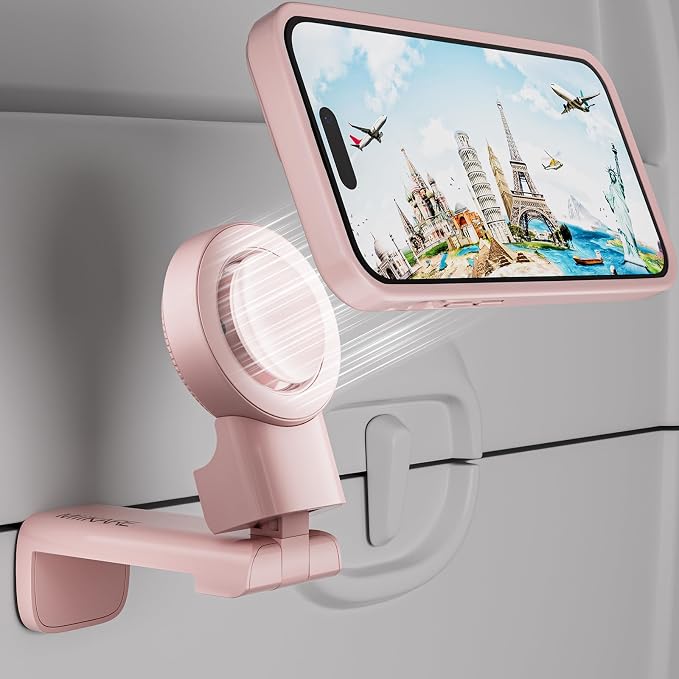 MiiKARE Travel Essentials Magnetic Airplane Phone Holder, Universal Handsfree Phone Mount for Flying with 360 Degree Rotation, Travel Must Haves Phone Stand for Desk, Tray Table, Pink by MiiKARE