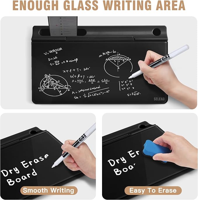SELEAD Desktop Glass Whiteboard with Storage, Small Dry Erase White Board Computer Pad Keyboard Stand for Home, School, Office Desk Accessories - Black - Image 3