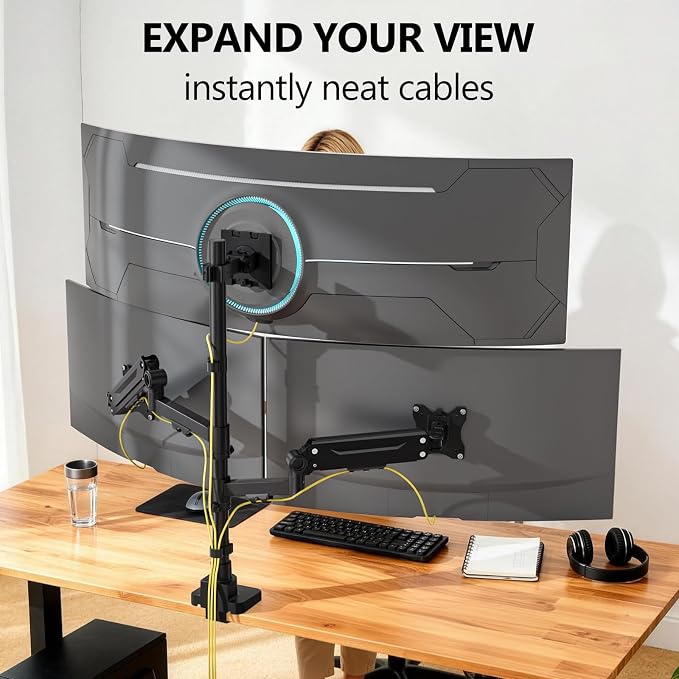WALI Triple Monitor Mount, up to 49'' Ultrawides on Top Bracket and 34'' Screens on Side Brackets, Extra Tall 3 Monitors Desk Mount, Heavy Duty Monitor Arm up to 44 lbs (GSDM003N-P), Black - Image 5
