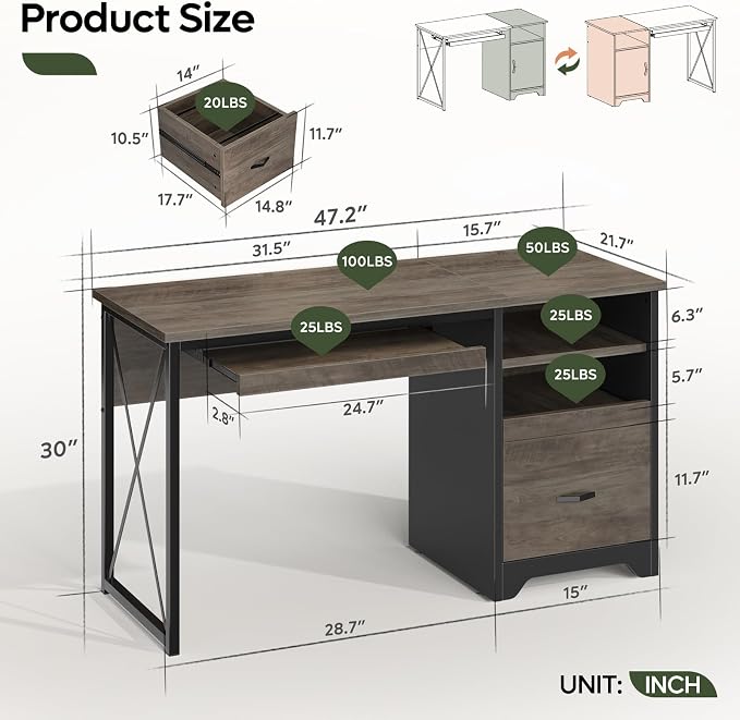 Bestier 47" Office Desk with Drawers, Industrial Computer Desk with Drawer, Reversible Teacher Desk with Storage & Keyboard Tray for Small Space Home Office & Studio, Gray Wash | 47 Inch Desktop With File Drawer, Open Storage, Keyboard Tray And Reversi... - Image 2