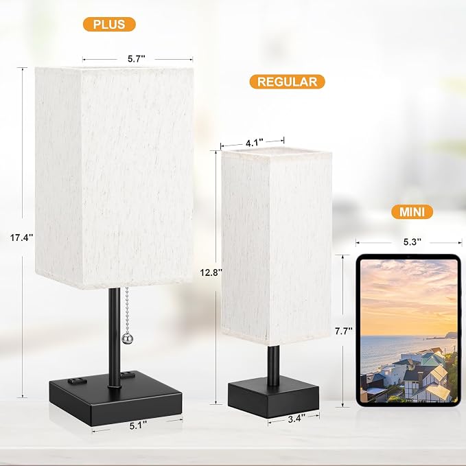 Bedside Lamp for Bedroom - 3 Color Temperatures, USB A+C, 2 AC Outlets | Pull Chain Switch, LED Bulb Included, Cream Fabric Shade, 17.4" Table Lamp for Nightstand, Desk, Living Room, Office - Image 5