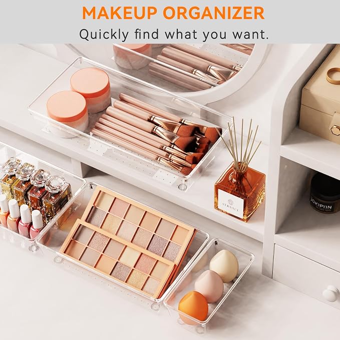 6 Pack Large Clear Plastic Drawer Organizer Trays, Acrylic Kitchen Drawer Organization and Storage Dividers, Non-Slip Storage Bins for Makeup, Kitchen Utensils, Bathroom, Jewelries and Office Desk - Image 6