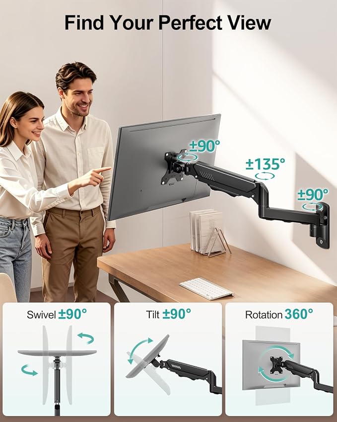 MOUNT PRO Monitor Wall Mount for 13 to 32 Inch Computer Screens, Single Monitor Mount with Tilt/Swivel/Rotation Adjustable, Gas Spring Wall Arm Holds up to 19.8lbs, Vesa Wall Mount 100x100 - Image 3