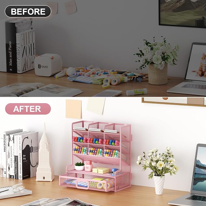 Marbrasse Larger Mesh Desk Organizer with Drawer, Multi-Functional Pen Pencil Holder, Easy Assembly, Desk Organizers and Accessories for Office Art Supplies (Pink) - Image 7