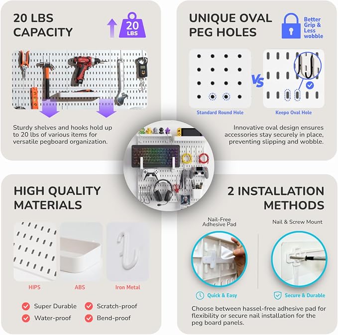 Keepo Peg Board Wall Organizer for Gaming Setup, Pegboard with Adhesives & Screw Mounts, Includes Peg Board Accessories for Gaming Accessories, Tech Storage & Office Organization (White, 22″×22″) - Image 6