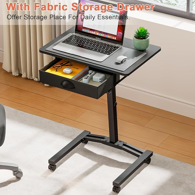 Rolling Adjustable Height Standing Desk With Drawers, Small Mobile Laptop Desk Cart On Wheels For Small Spaces Home Office, Portable Sitting Laptop Table For Bed Couch Load Up To 60LBS, Sturdy, Black - Image 4