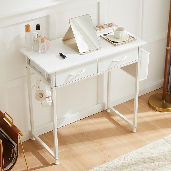 DUMOS 32" Home Office Computer Desk with Drawers, Small Gaming Writing Study Table with Storage Side Bag, Headphone Hook and Adjustable Feet for Bedroom White | Home Office Desk for Bedroom, Gaming Writing Study Desk with Adjustable Feet - Image 4