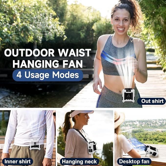 CAZOKASI 2024 Upgrade 10000mAh Waist Clip Fan Wearable Fan Portable Personal Body Fan Powerful Upto 40H Cooling and Heatstroke Prevention Fan (Gray and Orange) (10000mAh / White and Black) - Image 5