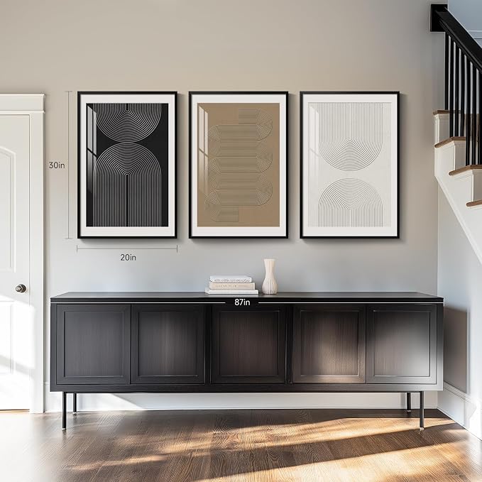 Large Framed Boho Neutral Abstract Wall Art, 3 Piece Modern Art Prints Paintings Artwork for Walls, Minimalist Black White Brown Geometric Pictures for Living Room, Dining Room, Bedroom Wall Decor - Image 3