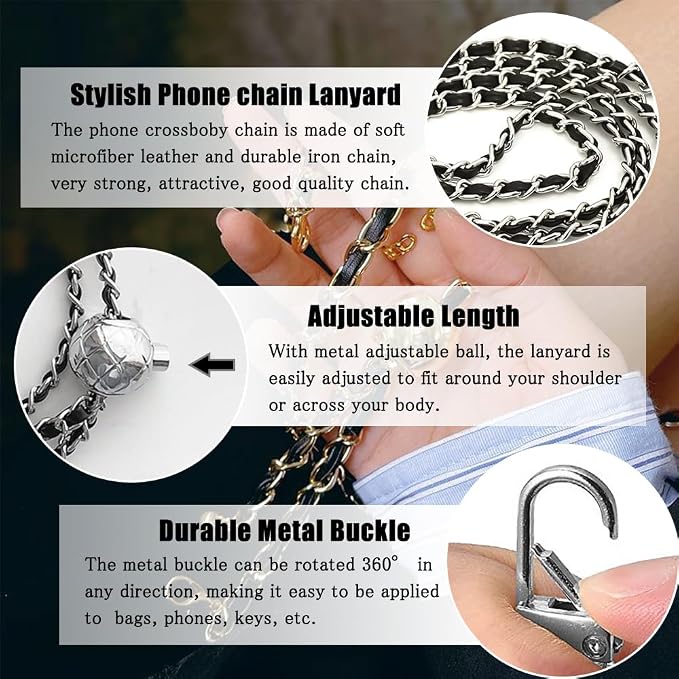 Cell Phone Lanyard Phone Crossbody Chain, Adjustable Phone Straps,Leather+Metal Shoulder Strap Cellphone Chain with Tether Patches Compatible with Most Phones Bag Purse Black - Image 2