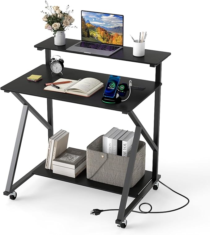 GIANTEX Rolling Small Desk with Storage, Compact Computer Desk for Small Spaces with Charging Station, Monitor Stand, Lockable Wheels, Study Writing Desk for Home Office, Bedroom (Black) by Giantex