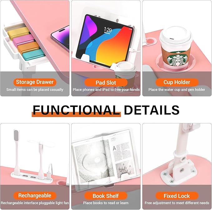 Lap Desk for Bed, Adjustable Laptop Desk with USB Charging Port, Storage Drawer & Bookshelf — Foldable Bed Desk for WFH & Students, 23.6" Desktop Fits 20" Laptop, Non-Slip, Pink - Image 5
