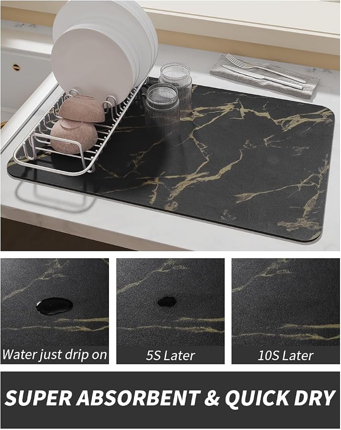 AMOAMI-Coffee Mat Hide Stain Rubber Backed Absorbent Dish Drying Mat for Kitchen Counter-Coffee Bar Accessories Fit Under Coffee Maker, Espresso Machine, Pot, Dish Rack Black&Gold - Image 3