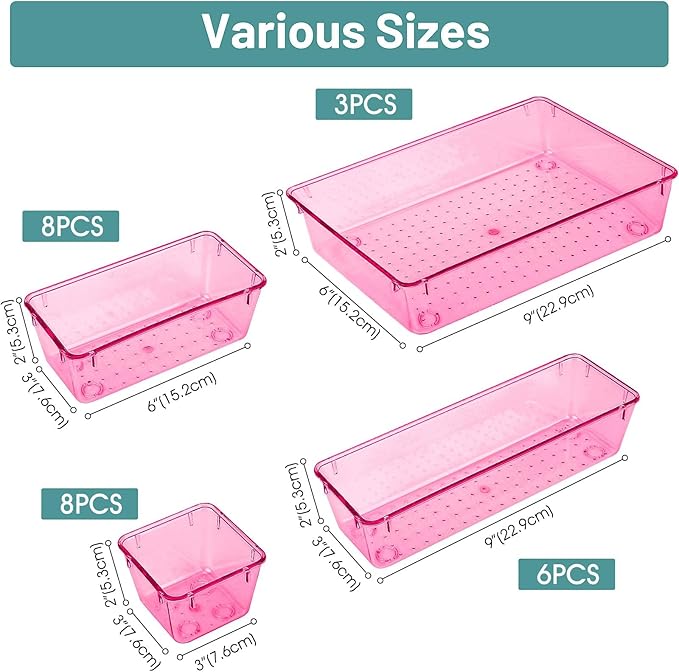 WOWBOX 25 PCS Plastic Drawer Organizer Set, 4 Sizes Desk Drawer Divider Organizers and Storage Bins for Makeup, Jewelry, Gadgets for Kitchen, Bedroom, Bathroom, Office, Clear Pink - Image 2