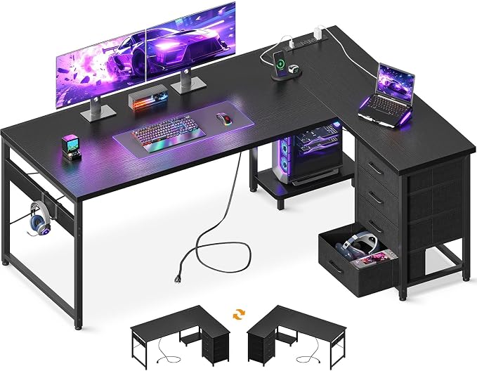 AODK 61" L Shaped Gaming Desk with 4 Drawers and Power Outlets, Black | USB Ports, PC Tower Stand, Hooks, Reversible Corner Layout for Gaming Rooms, Bedrooms and Home Office by AODK