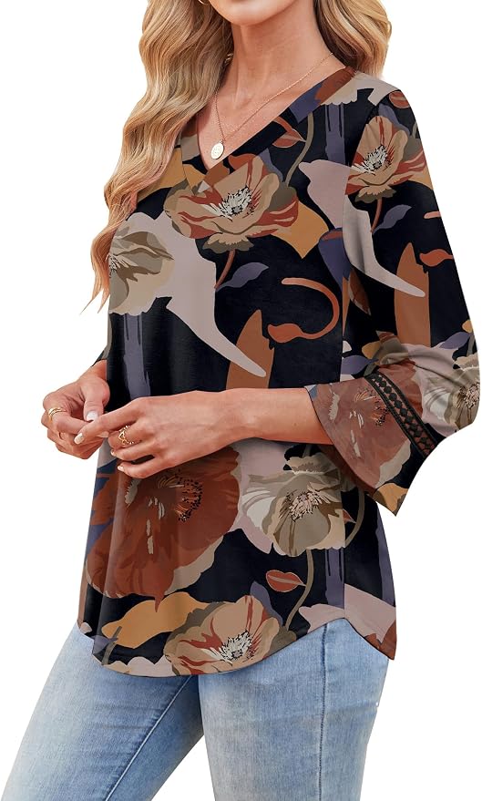 WIHOLL Womens Blouses Dressy Casual 3/4 Length Sleeve Tops Lace Trendy 2026 Spring Summer V Neck Shirts Vacation Outfits - Image 4