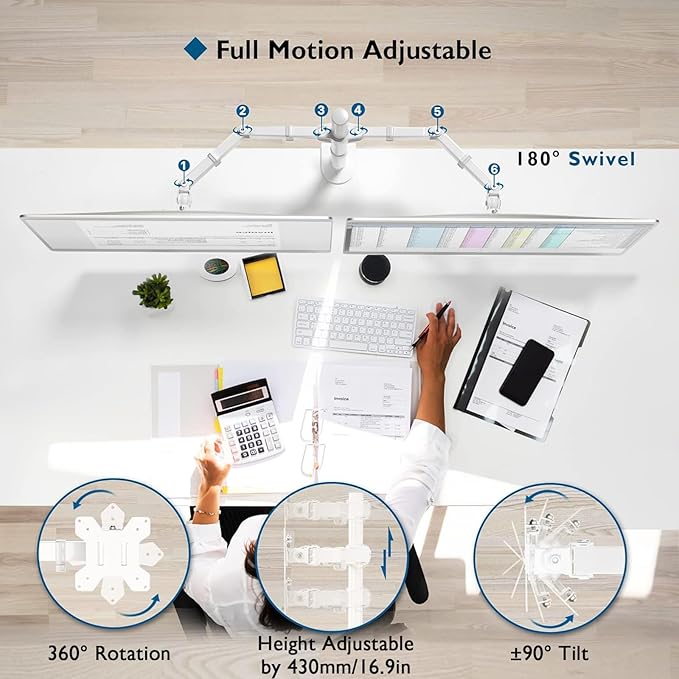BONTEC Dual Monitor Desk Mount, 13-27 Inch, 22lbs, VESA 75x75/100x100,White | Full Motion Adjustable Stand, Heavy Duty Arms, C Clamp and Grommet Base, Cable Management for Flexible Screen Positioning - Image 7