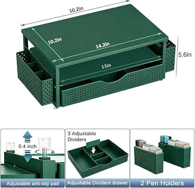 Spacrea Desk Organizer and Accessories, Computer Monitor Stand Riser with Drawer and 2 Pen Holders, Office Desk Accessories & Workspace Organizers for Office Supplies (Dark Green) - Image 5