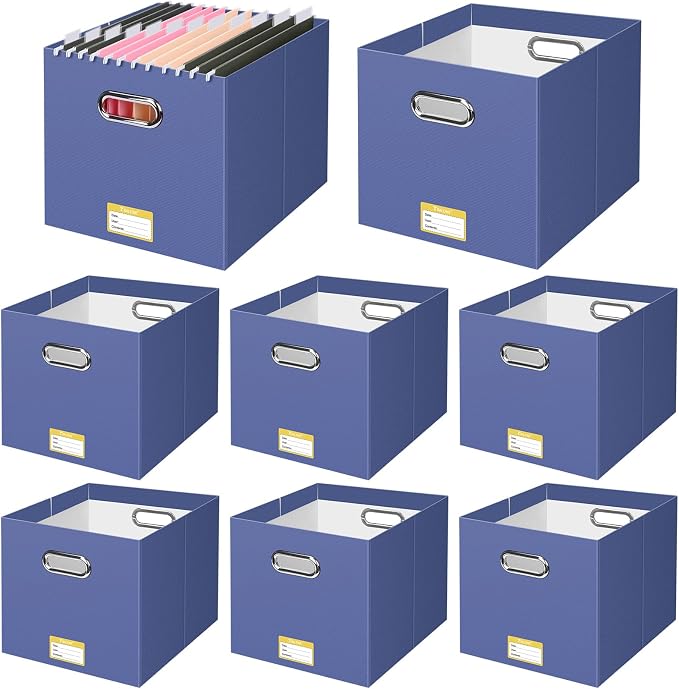 BALEINE File Organizer Box, Cardboard File Folder Organizer with Handle for Letter Size, Portable Collapsible Hanging Filing Box for Home Office Document Storage (8 Pack, Large Navy) by BALEINE