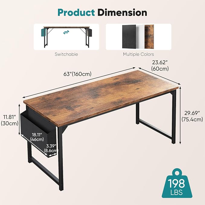 OLIXIS Computer Desk, 63 Inch Gaming Desks for Home Office Small Spaces | Writing Study Craft Work Table, Computer Workstation for Bedroom with Storage Bag, Rustic Brown - Image 3