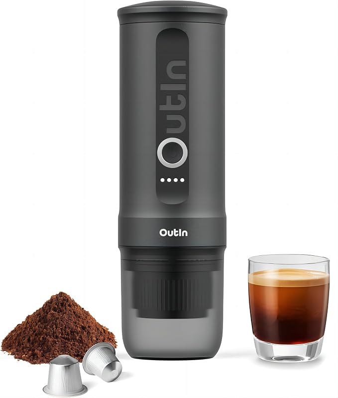 OutIn Nano Portable Electric Espresso Machine, Travel Coffee Maker | Self-Heating USB-C Car Coffee Maker for Ground Coffee & NS Capsules, Ideal for Camping, RV, Hiking and Office, Space Gray by OutIn