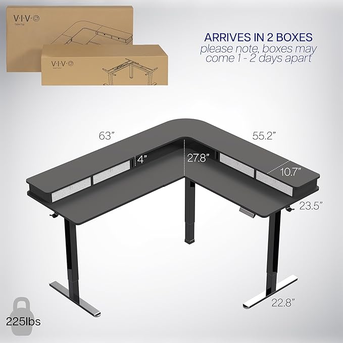 VIVO Black 63 x 55 in Corner Standing Desk, DESK-E3CVB | Electric, 2-Tier, L-Shaped, Sit Stand, Height Adjustable, Memory, Black Top, Black Frame, Dark Gray Drawers - Image 6