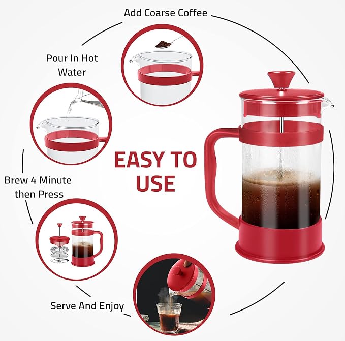 Utopia Kitchen Borosilicate Glass French Press Coffee Maker 34 Oz, Red | Heat-Resistant Cafetiere & Tea Maker, Thickened Glass Coffee Press for Travel and Camping - Image 4