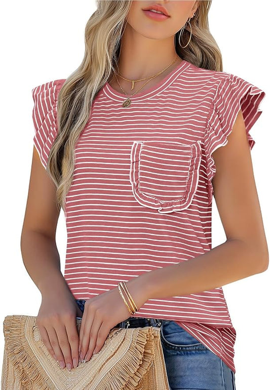 JUSTFASHIONNOW Womens Summer Tops Striped T-Shirts 2026 Ruffle Short Sleeve Crew Neck Casual Blouses with Pocket by Justfashionnow