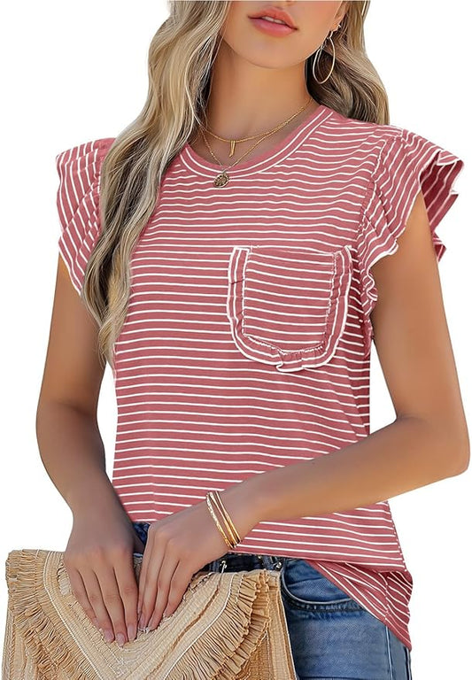 JUSTFASHIONNOW Womens Summer Tops Striped T-Shirts 2026 Ruffle Short Sleeve Crew Neck Casual Blouses with Pocket by Justfashionnow