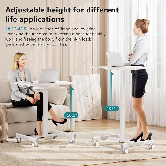 DUMOS Mobile Rolling Desk with Wheels Adjustable Height | Small Standing Desks Portable Laptop PC Table, Computer Workstation for Home Office Small Space, White - Image 4