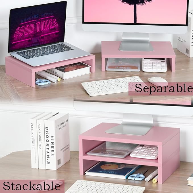 TEAMIX Pink Monitor Stand Riser-2 Pack,Wood 2 Tier Adjustable Monitor Stand Dual Monitor Riser for 2 Monitors/Laptop/PC Computer Stand for Desk - Image 3